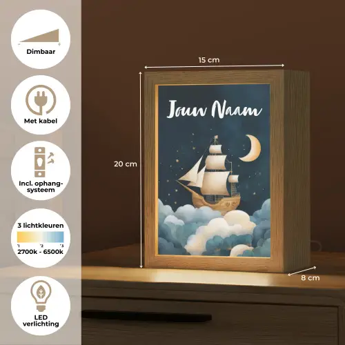 Zeilschip - Sterrenhemel - Wolken - Blauw Light Box met kabel (Kinderlampje) klein -USP_NL