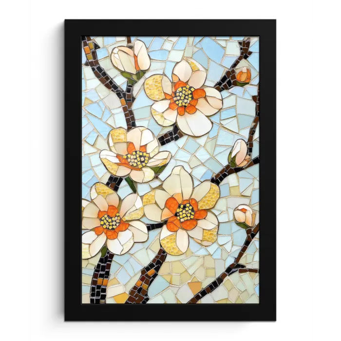 Bloesems - Wit - Mozaïek - Tak fotolijst zwart zonder passe partout klein -3d