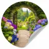 Doorkijk - Poort - Hortensia - Bloementuin Wandcirkel behangsticker klein -3d