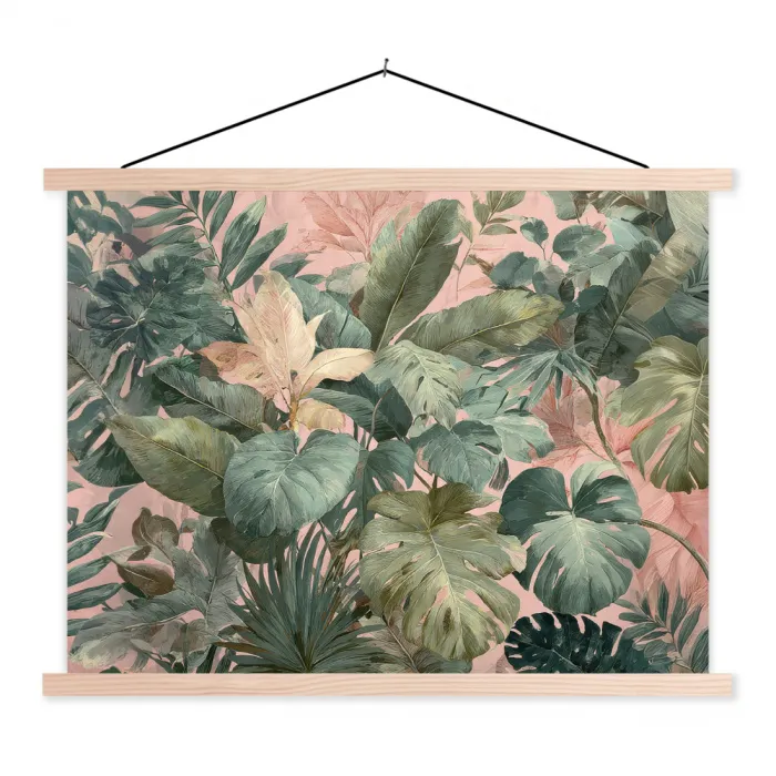 Compositie van bladeren - Groen - Roze textielposter latten blank klein -3d