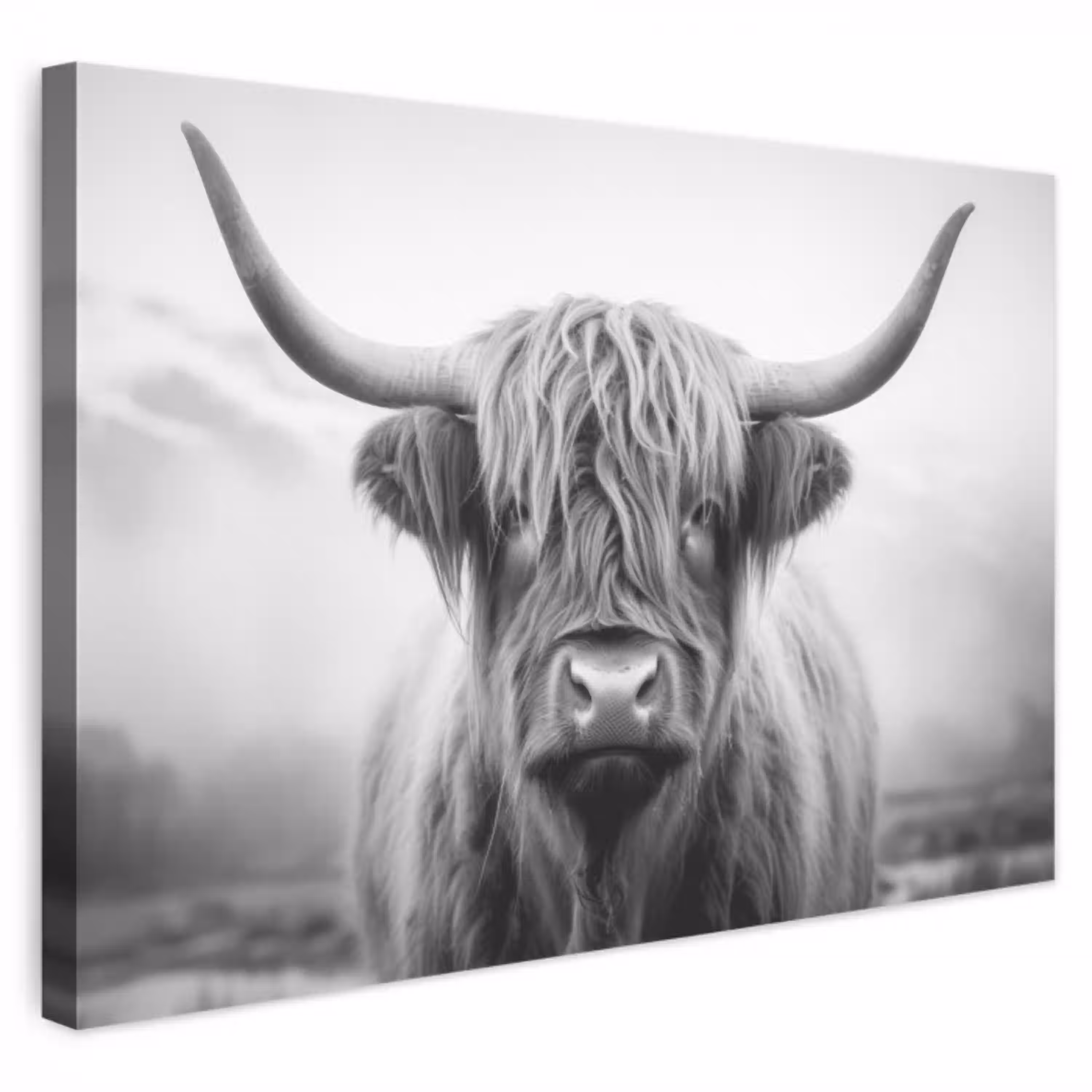 Schotse hooglander - Mist - Zwart - Wit canvas 2cm klein -3d