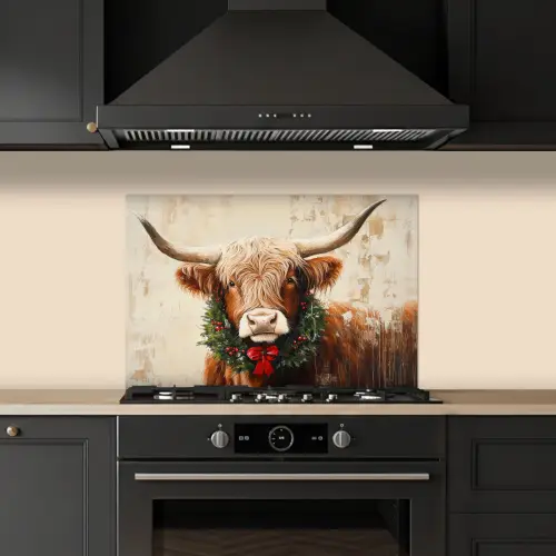 Kerst - Schotse Hooglander - Bruin - Krans keuken achterwand spatscherm klein -sfeer1