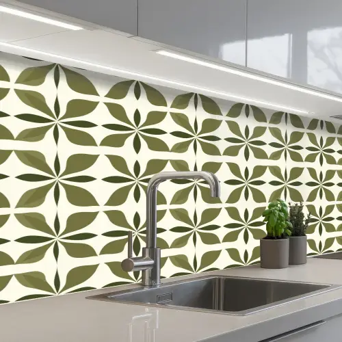 Botanisch - Retro - Groen keuken achterwand 2 middel 871 -3d_schuin