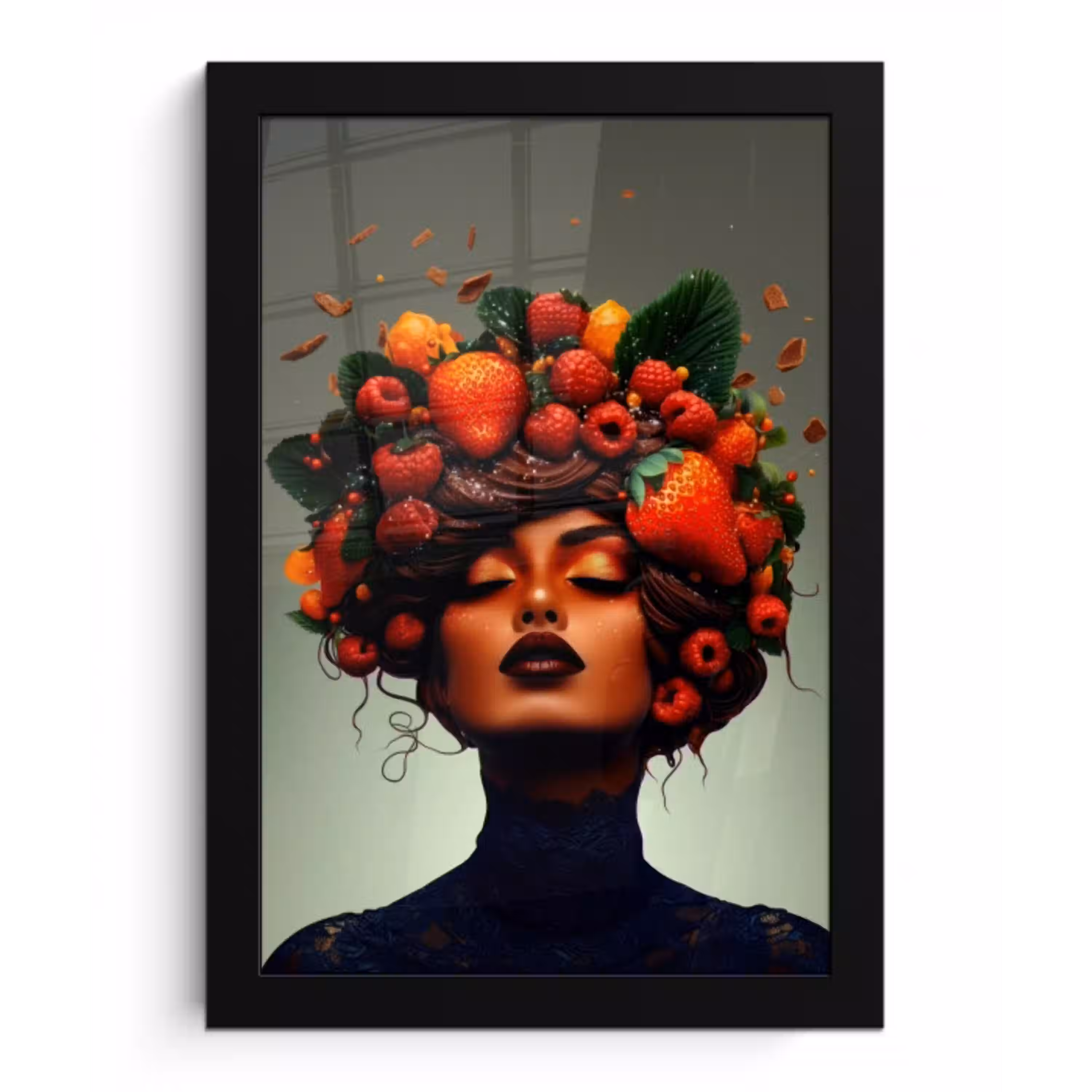 Vrouw - Chocolade - Frambozen - Aardbeien - Koekjes fotolijst zwart zonder passe partout klein -3d