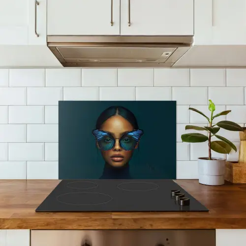 Vrouw - Vlinder - Bril - Blauw - Modern - Portret keuken achterwand spatscherm klein -sfeer2