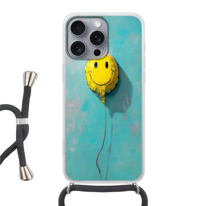 Ballon - Geel - Smiley Hoesje iPhone 16 Pro Max met koord klein -3d