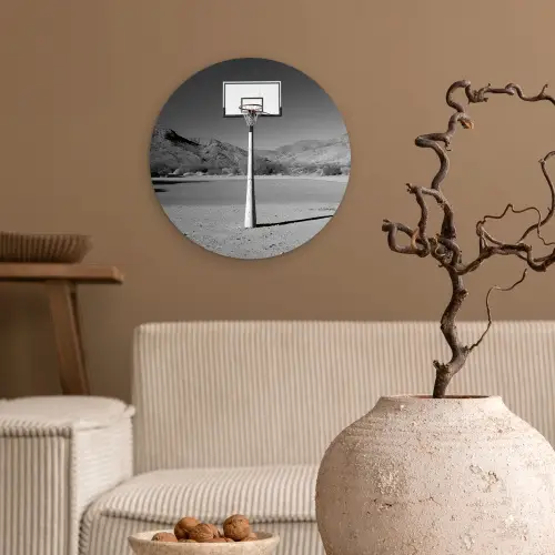 Basketbalpaal - Landschap - Zand - Wit Wandcirkel plexiglas klein -sfeer1