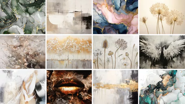 Verschillende voorbeelden van canvas schilderijen uit de 'Abstract' collectie.