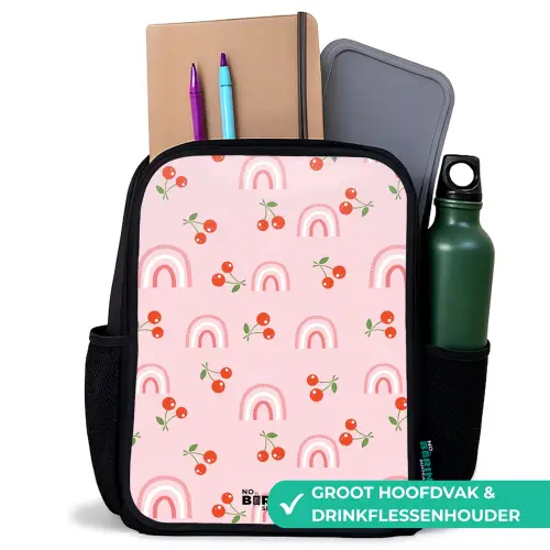 Roze met regenboog en kersen patroon Rugzak - Zwart middel -inhoud_NL