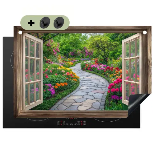 Doorkijk - Bloemen - Tuinpad - Natuur - Raam Inductie beschemer met haakjes klein -3d
