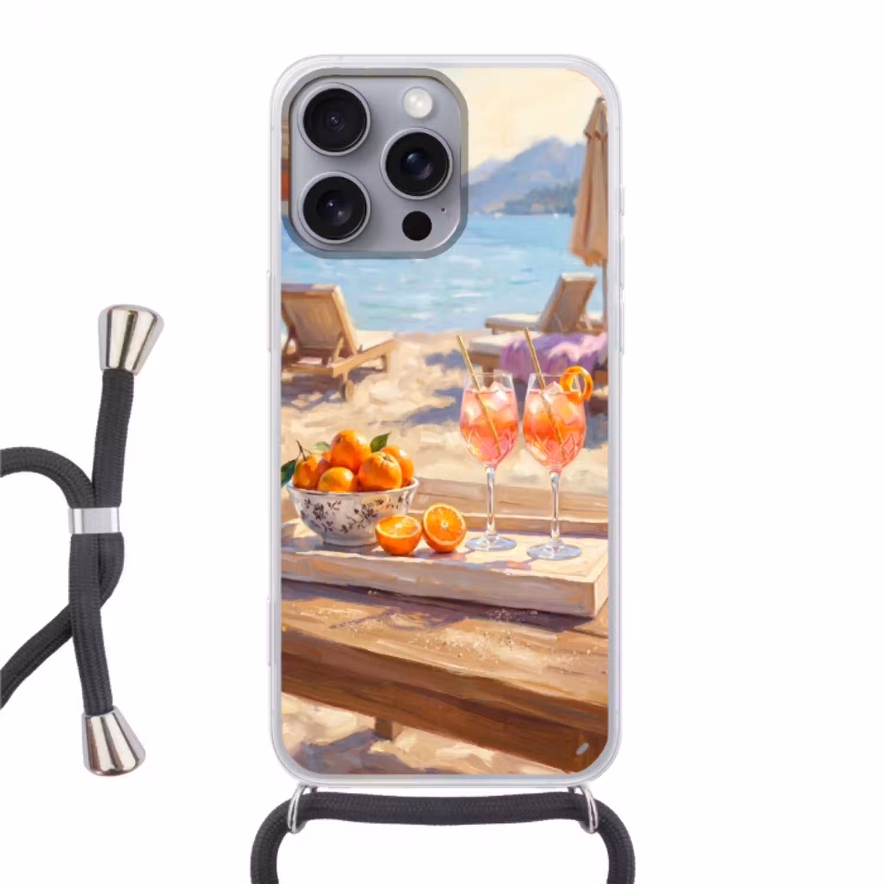Drank - Glazen - Strand - Zomer - Oranje Hoesje iPhone 16 Pro Max met koord klein -3d