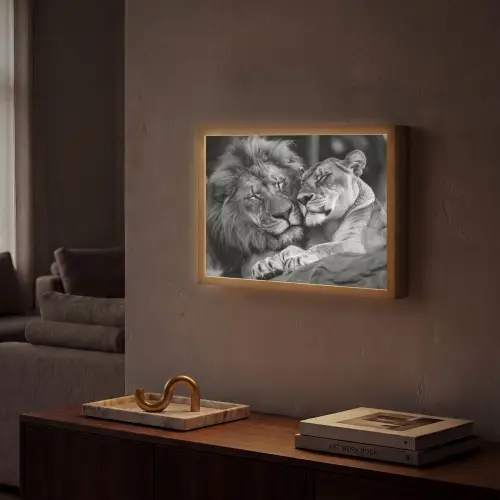 Leeuwen - Dieren - Zwart - Wit - Leeuw Light Box met batterij (Wandlamp) middel -sfeer1