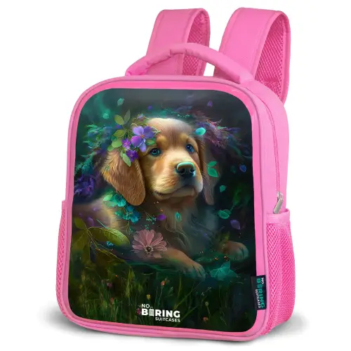 Bruine hond tussen de bloemen Kinderrugzak - Roze middel -schuin