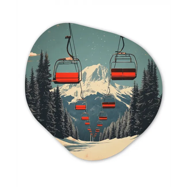 Sneeuw - Skilift - Rood - Bomen Wandcirkel Organisch Forex 3mm klein -3d