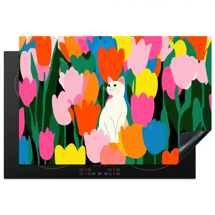 Tulpen - Kat - Kleurrijk Inductie beschermer vinyl 3mm klein -3d