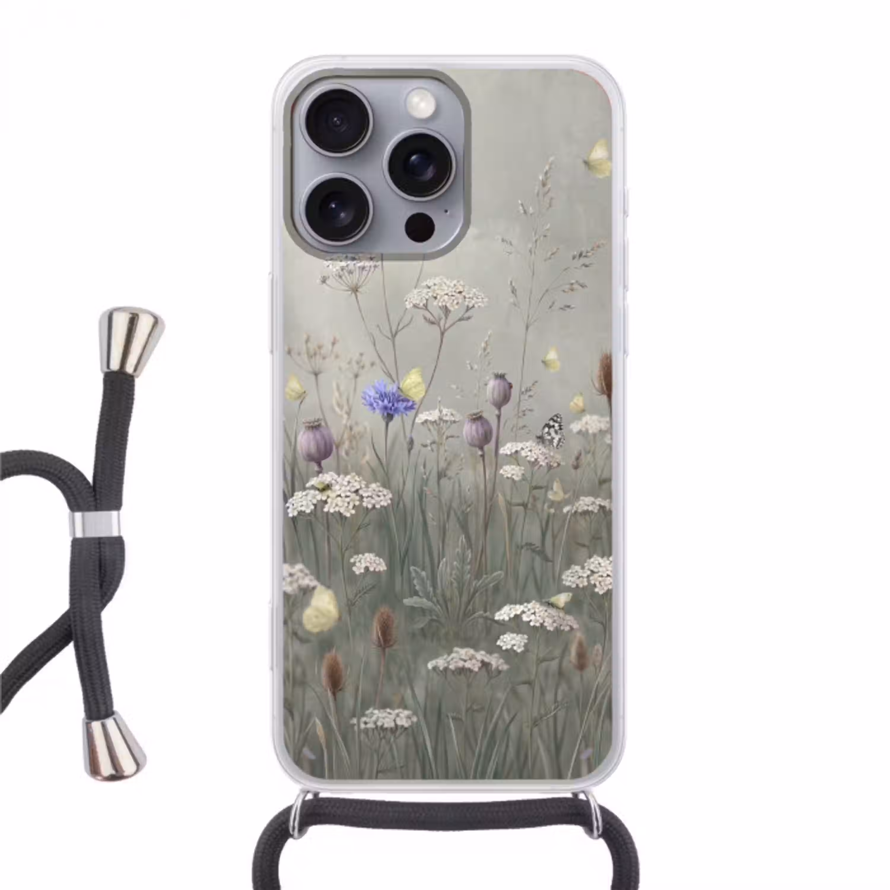 Vlinders - Wildbloemen - Illustratie - Kleurrijk Hoesje iPhone 16 Pro Max met koord klein -3d