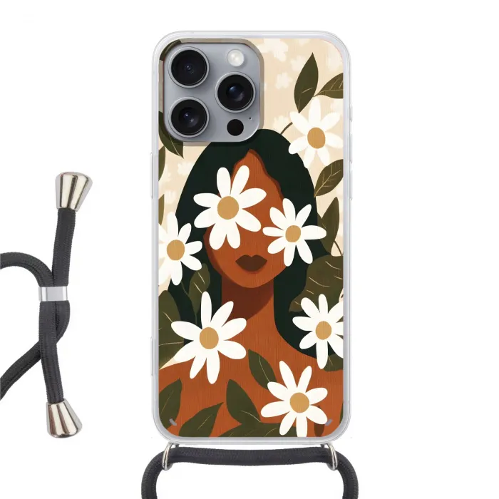 Illustratie - Vrouw - Madeliefjes - Wit Hoesje iPhone 16 Pro Max met koord klein -3d
