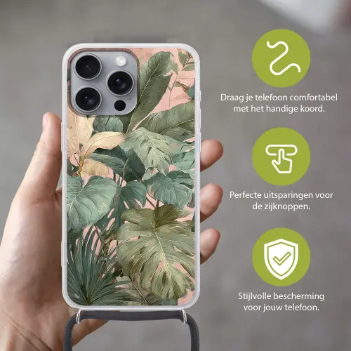 Compositie van bladeren - Groen - Roze Hoesje iPhone 16 Pro Max met koord klein -sfeer2_NL