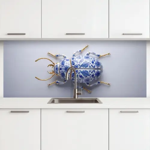 Kever - Delfts  - Blauw - Goud keuken achterwand 2 middel -3d