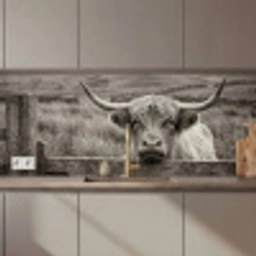 Schotse hooglander - Zwart - Wit - Hout keuken achterwand 2 middel zz_3dshopping