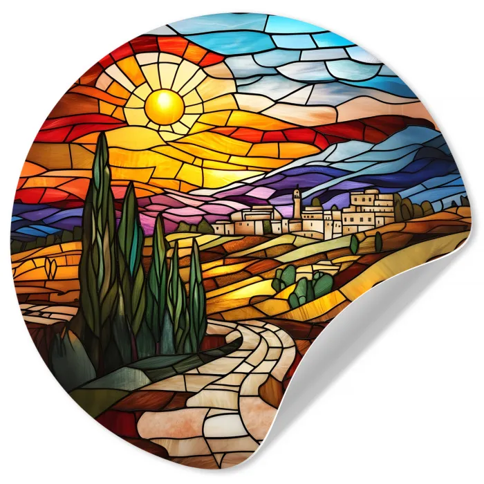 Mozaïek - Zon - Landschap - Dorp Wandcirkel behangsticker klein -3d
