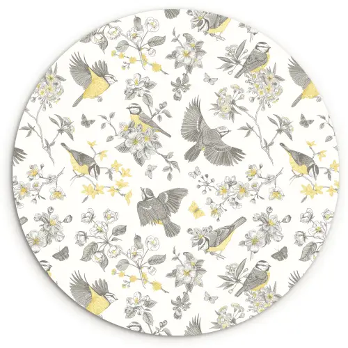 Birds - Flowers - Gray - Yellow Wandcirkel plexiglas klein 852 -3d