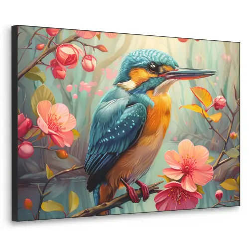 IJsvogel - Bloesem - Natuur - Vogels - Bloemen Textielframe zwart klein -3d