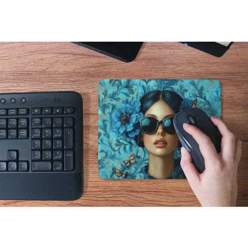 Vrouw - Bloemen - Vlinders - Blauw - Abstract muismat rubber klein -toetsenbord