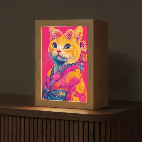 Kat - Kimono - Bloemen - Roze Light Box met kabel (Tafellamp) klein -z3d_website