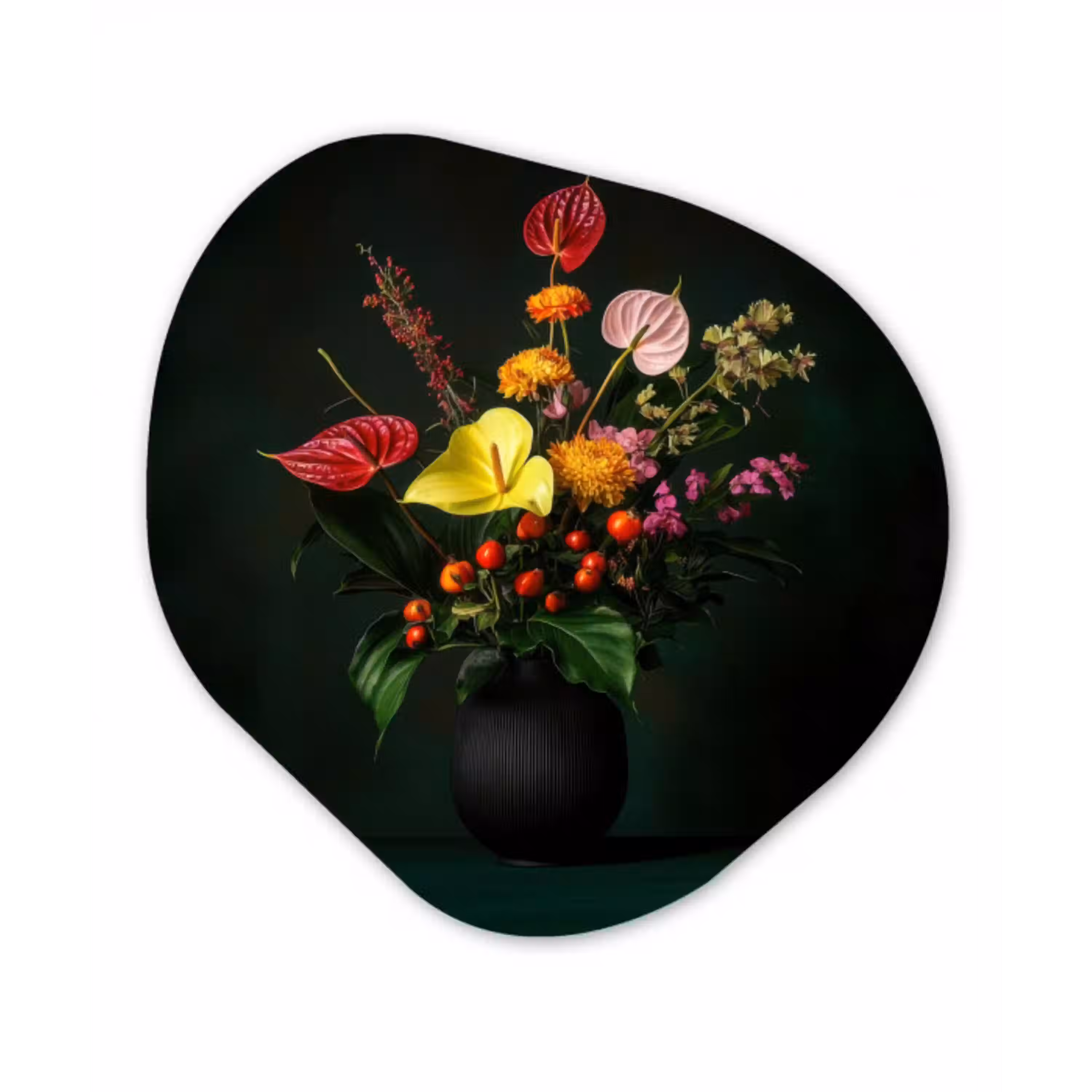 Bloemen - Vaas - Zwart Wandcirkel Organisch Forex 3mm klein -3d