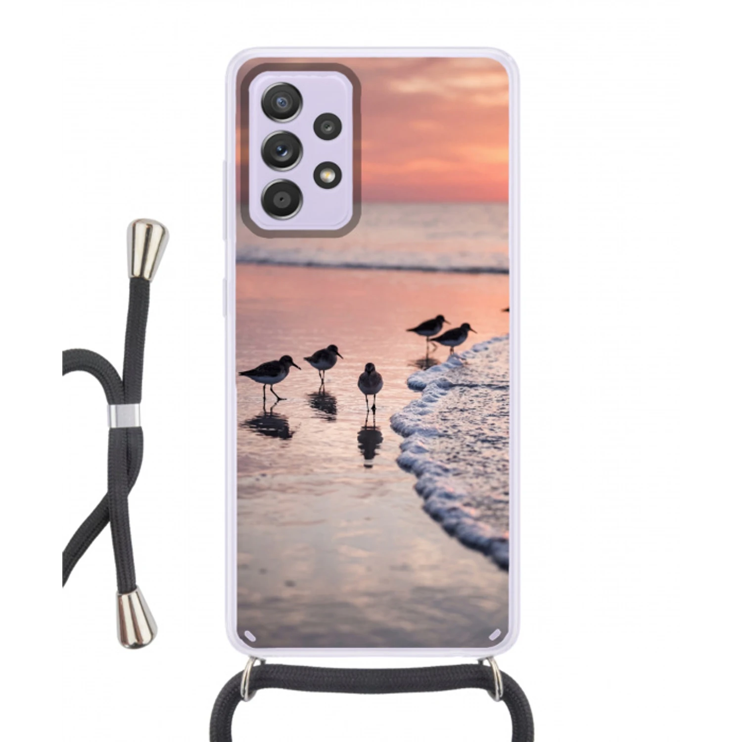 Meeuwen - Strand - Zee - Roze Hoesje Samsung Galaxy A52 5G met koord klein -3d