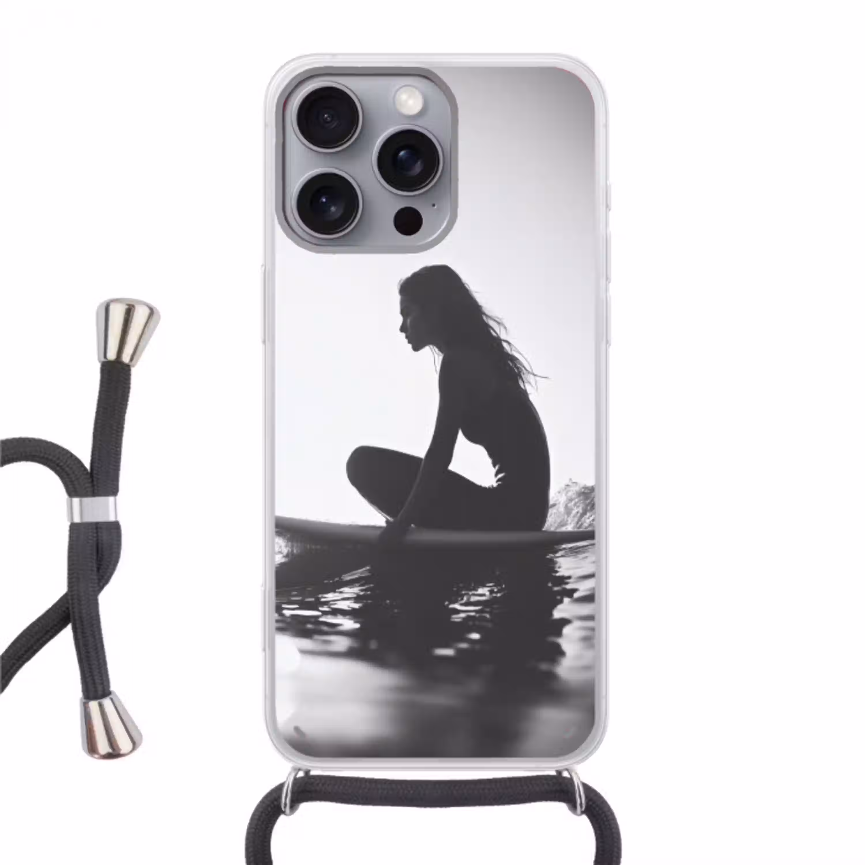 Silhouet - Vrouw - Surfplank - Water Hoesje iPhone 16 Pro Max met koord klein -3d