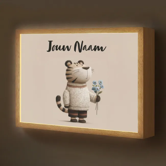 Lightbox - Wandlamp kinderkamer met naam - Tijger - Blauwe bloemen - Rustig