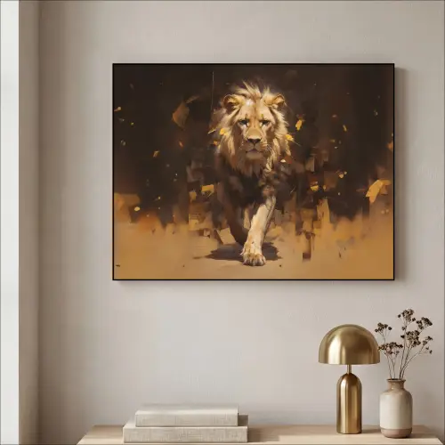 Leeuw - Geschilderd - Abstract - Goud Textielframe zwart klein -sfeer2