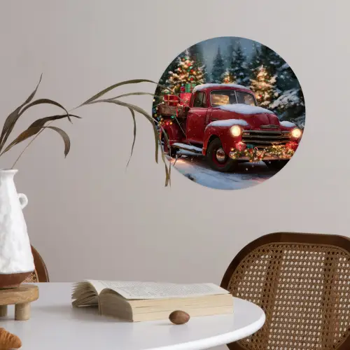 Kersttruck - Sneeuwbos - Rood Wandcirkel behangsticker klein -sfeer3