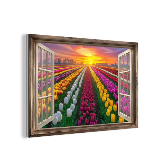 Doorkijk - Bloemen - Tulpen - Kleurrijk - Zonsondergang aluminium wit klein -3d