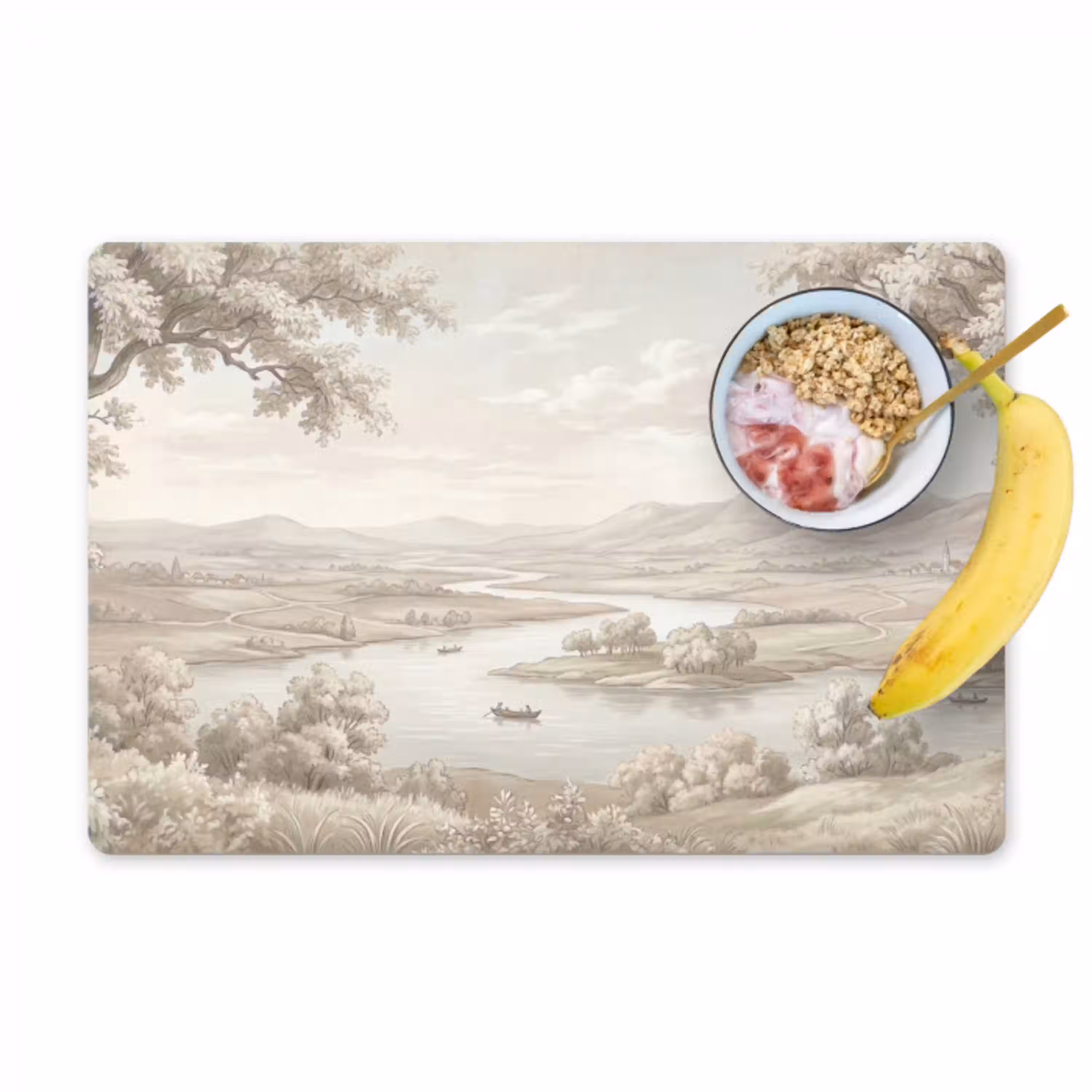 Rivierlandschap - Bergen - Natuur - Vintage - Beige Placemat vinyl groot -zzzproduct_Kitchenyeah-website