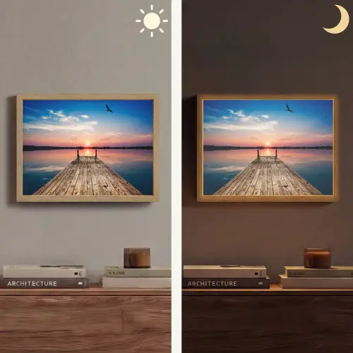 Steiger - Water - Zonsondergang - Roze - Horizon Light Box met batterij (Wandlamp) middel -sfeer3