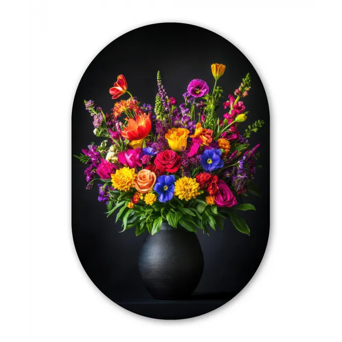 Felgekleurd - Bloemen - Vaas Wandcirkel Ovaal Glas middel -3d