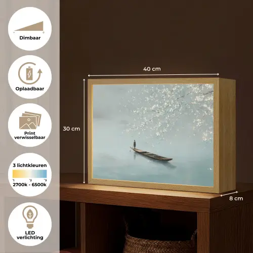 Bloesems - Minimalistisch - Wateroppervlak - Boot Light Box met batterij (Wandlamp) middel -USP_websiteoverzichtNL