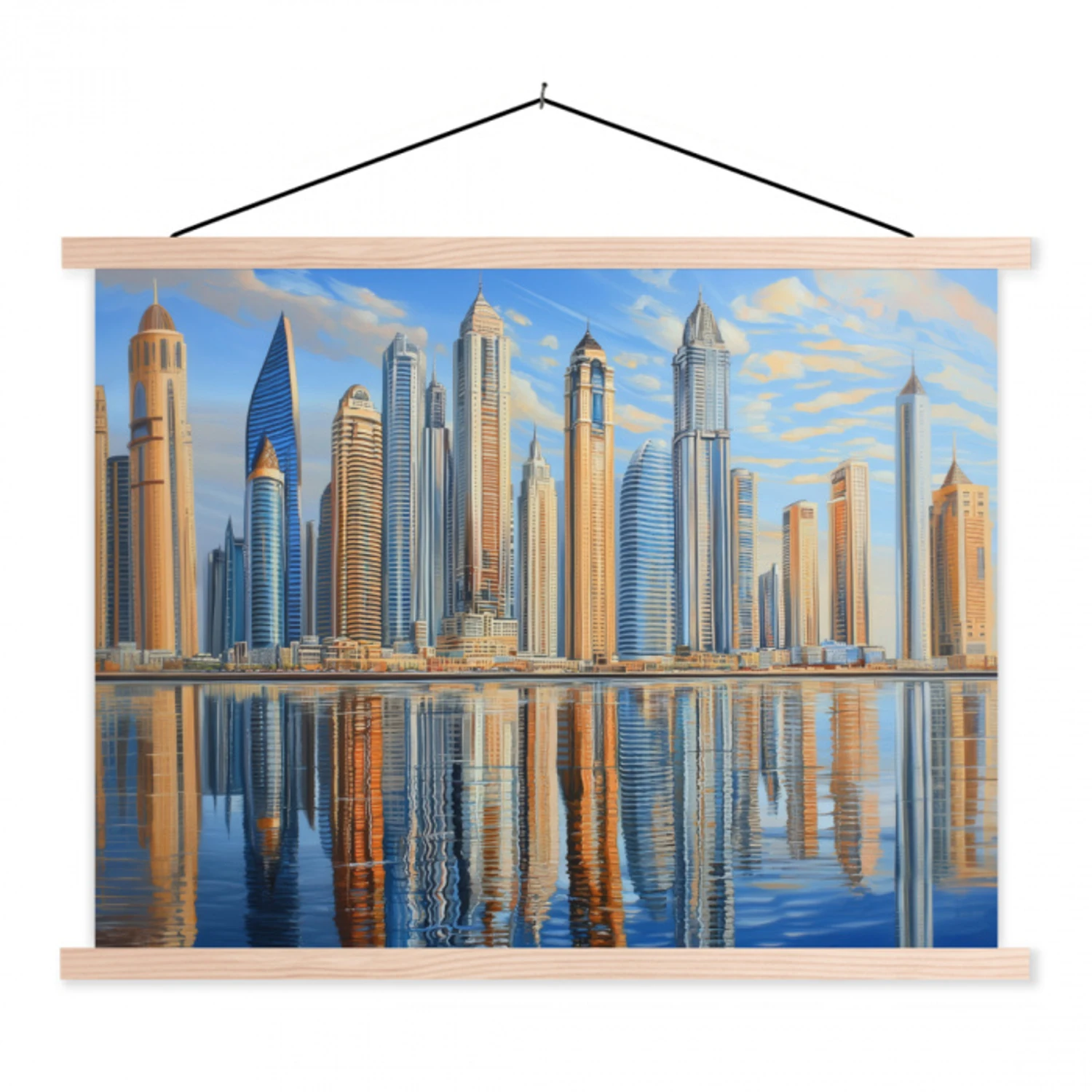 Skyline - Wolkenkrabbers - Water - Blauw textielposter latten blank klein -3d