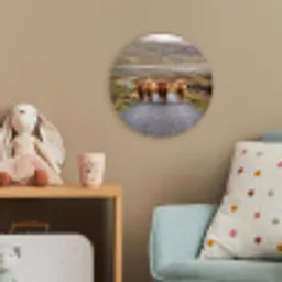 Schotse Hooglanders - Weg - Landschap - Kudde Wandcirkel kunststof plaat 5mm dik klein -tsfeer1_kind