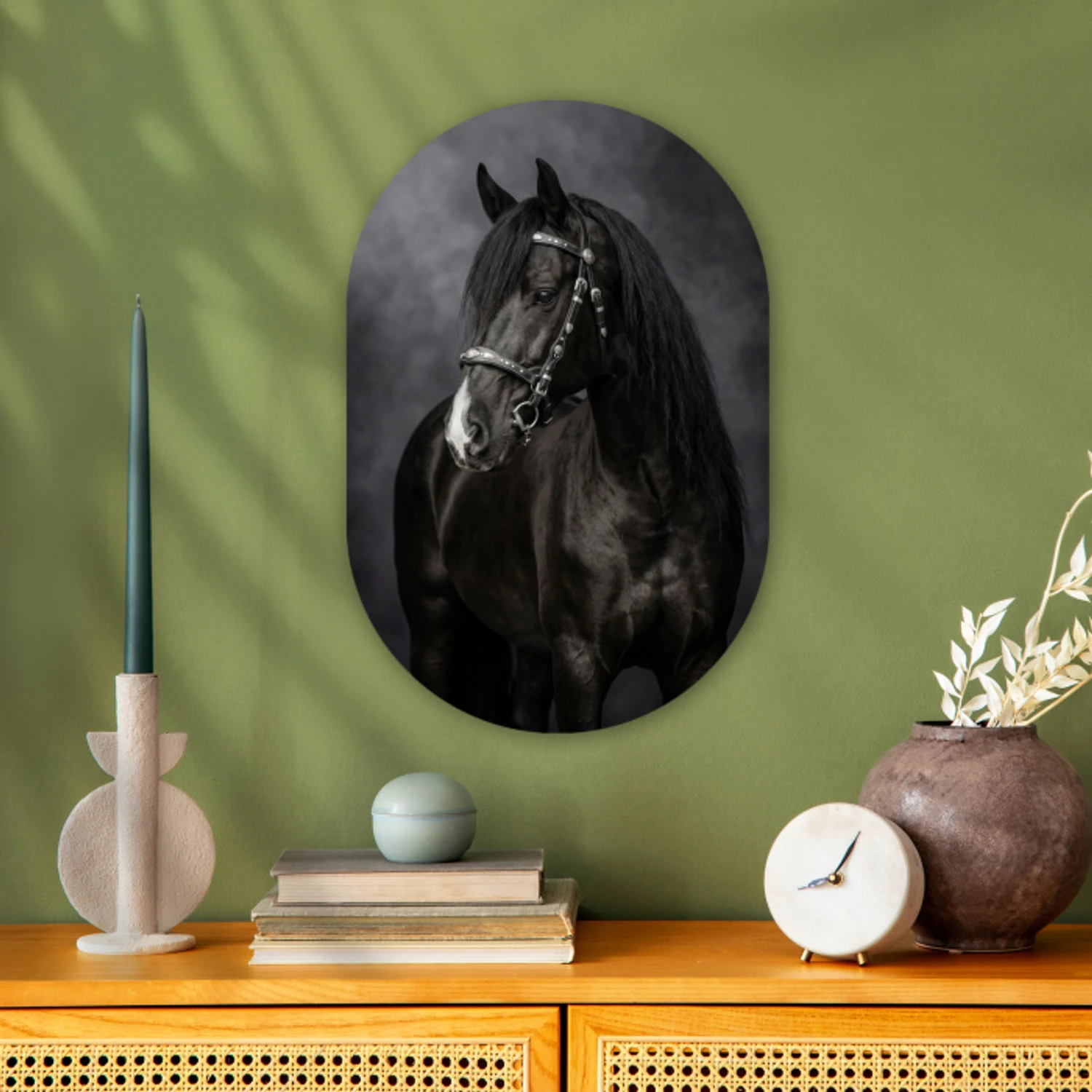 Portret - Paard - Zwart Wandcirkel Ovaal Forex klein -sfeer2