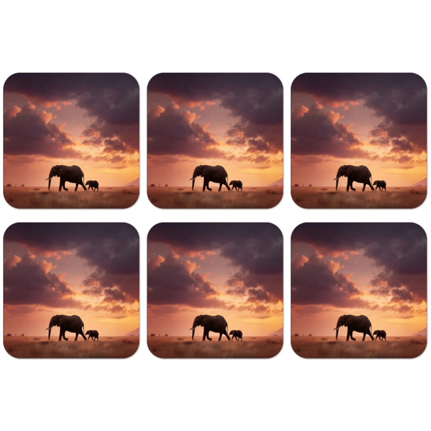 Olifanten - Grasland - Zonsondergang onderzetter kurk middel -zkaufland3dotto