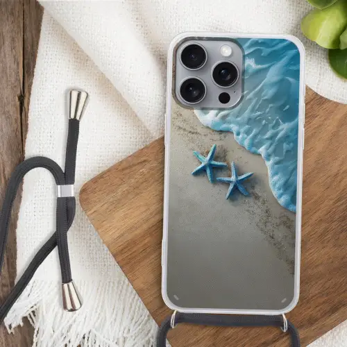 Zeesterren - Zand - Zee - Blauw Hoesje iPhone 16 Pro Max met koord klein -sfeer4