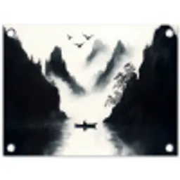 Roeiboot - Mistig - Bergen - Vogels tuinposter los doek klein -3d