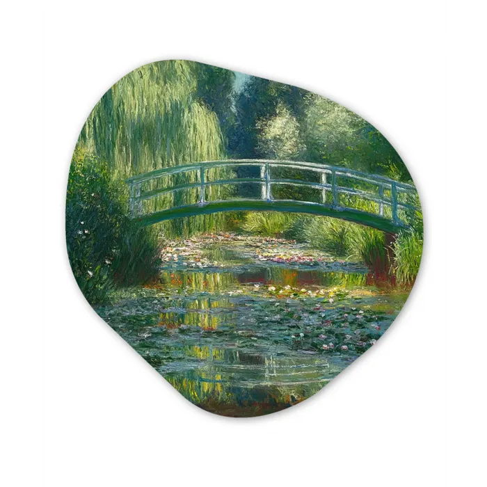 Brug - Hout - Vijver - Waterlelies Wandcirkel Organisch Plexiglas middel -3d