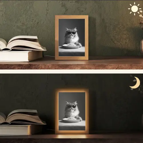 Langharige kat - Zonnebril - Spaghetti - Humor - Zwart - wit Light Box met kabel (Tafellamp) klein -sfeer3