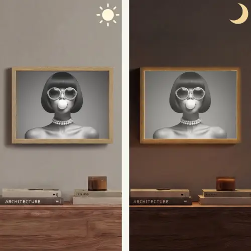 Vrouw - Zwart Wit - Ketting - Zonnebril Light Box met batterij (Wandlamp) middel -sfeer3