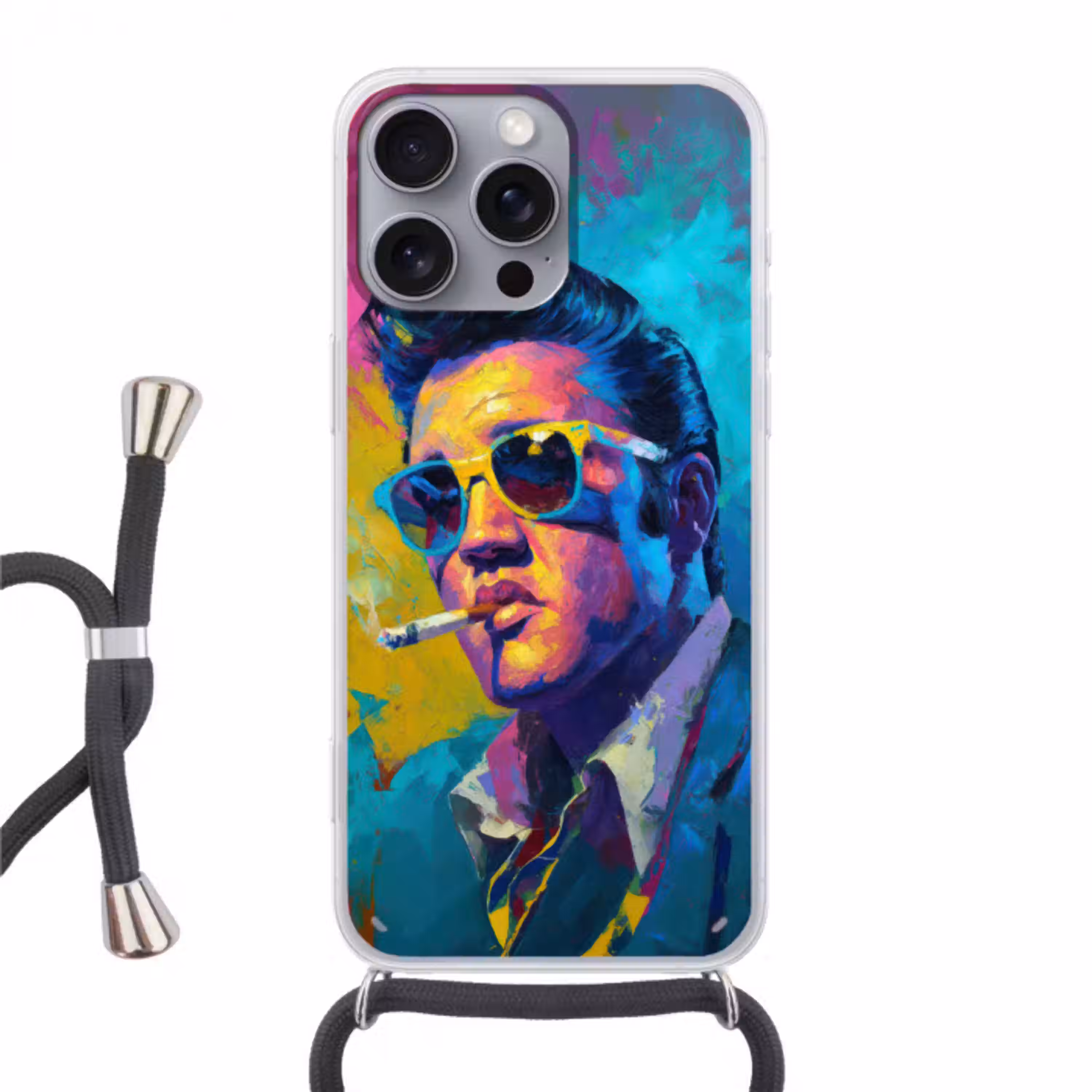 Portret - Sigaret - Kleurrijk - Bril Hoesje iPhone 16 Pro Max met koord klein -3d